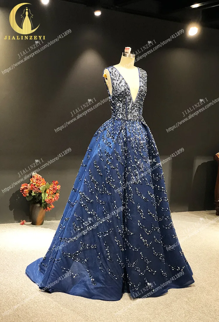 JIALINZEYI роскошные темно синие Серебристые бусины Zuhair Murad сексуальные формальные