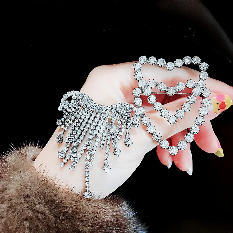 2019 Korean Brooches for Women Shiny Hollow Tassel Accessories Hijab Pins Full Crystal Personality Enamel Pin | Украшения и