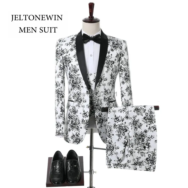 

2020 New Arrival White Wedding Groom Men Suit Printed Blazer Fashion Tuxedos Elegant Slim Fit Best Man Suit (Jacket+Vest+Pants)