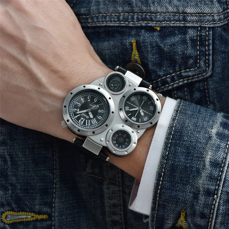 

Big Face Oulm Luxury Brand Original Imported Quartz Watches Men Unique Design Dual Time Watch Decorative Compass Wristwatch