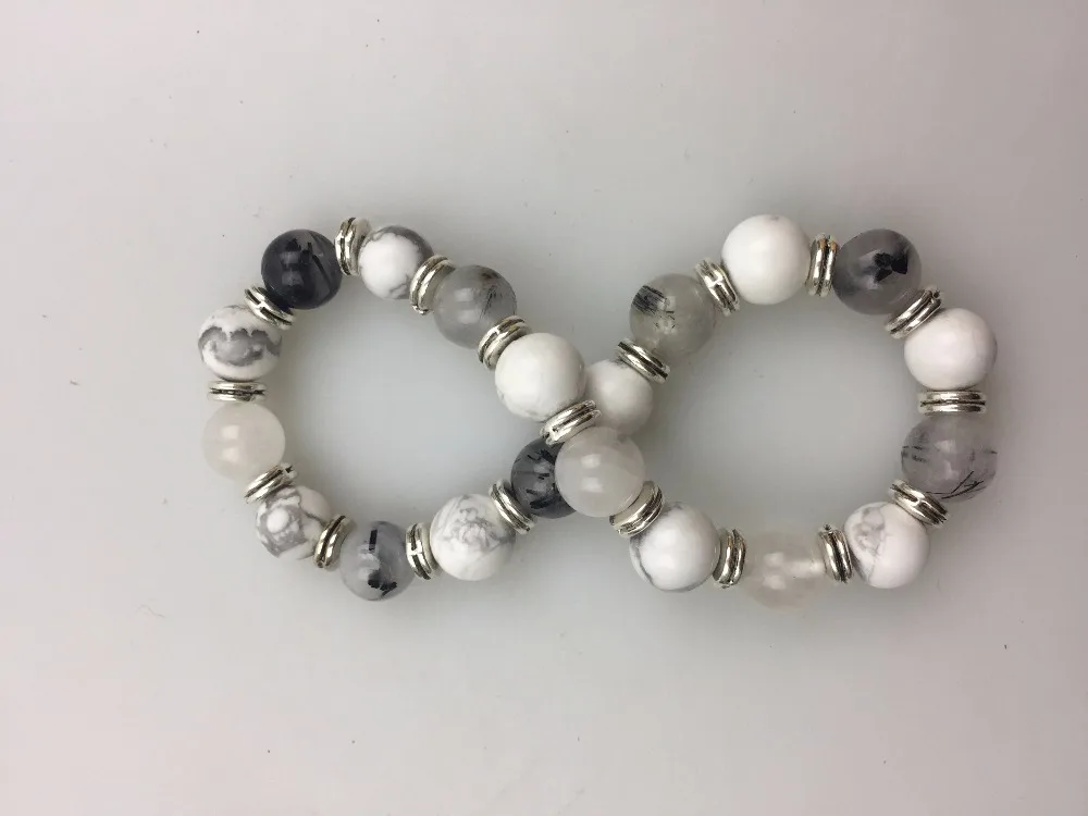 Natural Rutilated Quartz White Howlite Bracelet Round Bead Fashion Men's Bracelets Sports Yoga Mala Beads | Украшения и