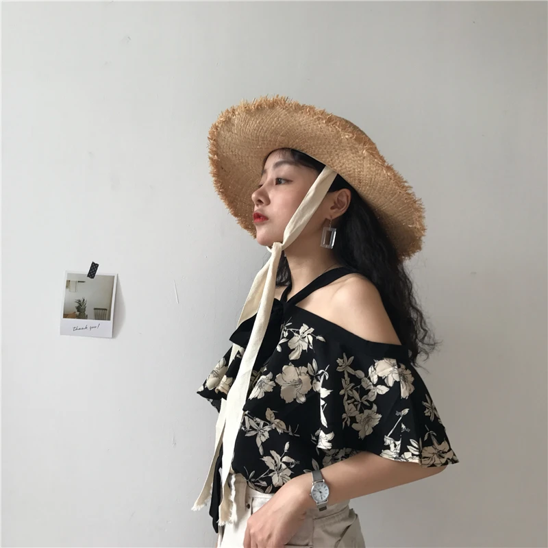 2019 Новая женская модная рубашка с бретельками на шее открытыми плечами из шифона