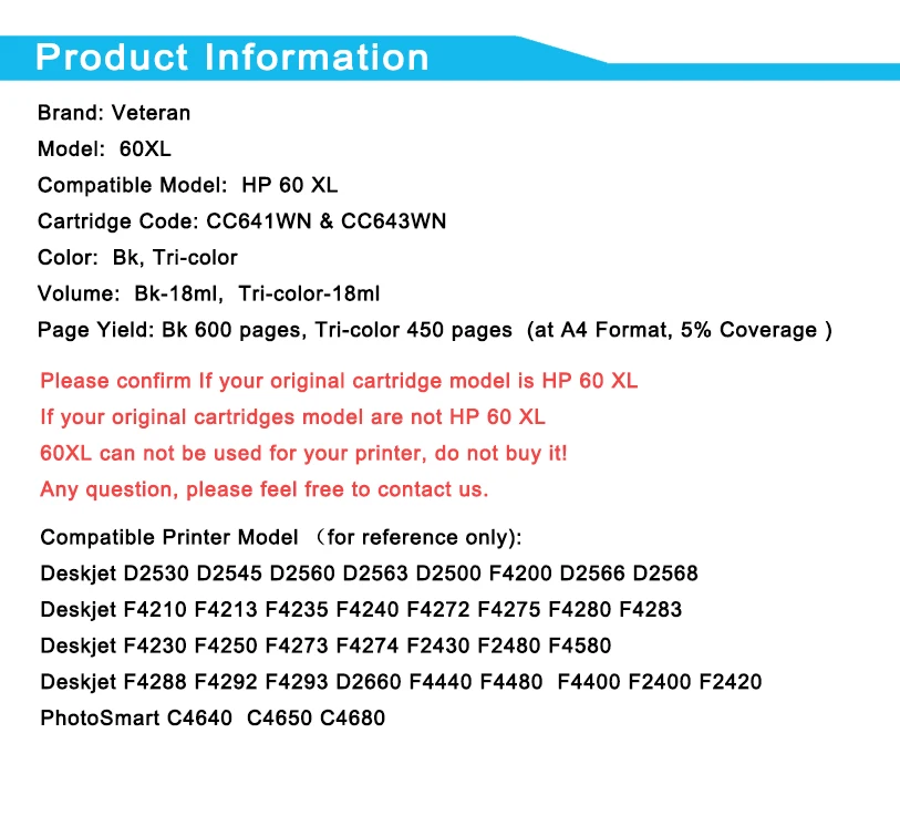 Чернильный картридж Veteran 60XL совместимый с hp 60 xl hp60 F2480 F2420 F4480 F4580 F4280 D2660 D2530 D2560