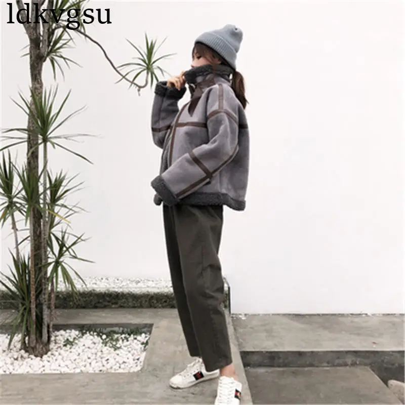 gray V158 Новинка, Женское пальто из овечьей шерсти, осенне-зимние куртки, утолщенные шубы из искусственной замши, женская Свободная Повседневная теплая короткая куртка, верхняя одежда - Цвет: gray V158