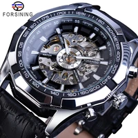 forsining brand mechanical watch men skeleton steampunk hand wind movement black genuine leather wrist watches reloj hombre 2019