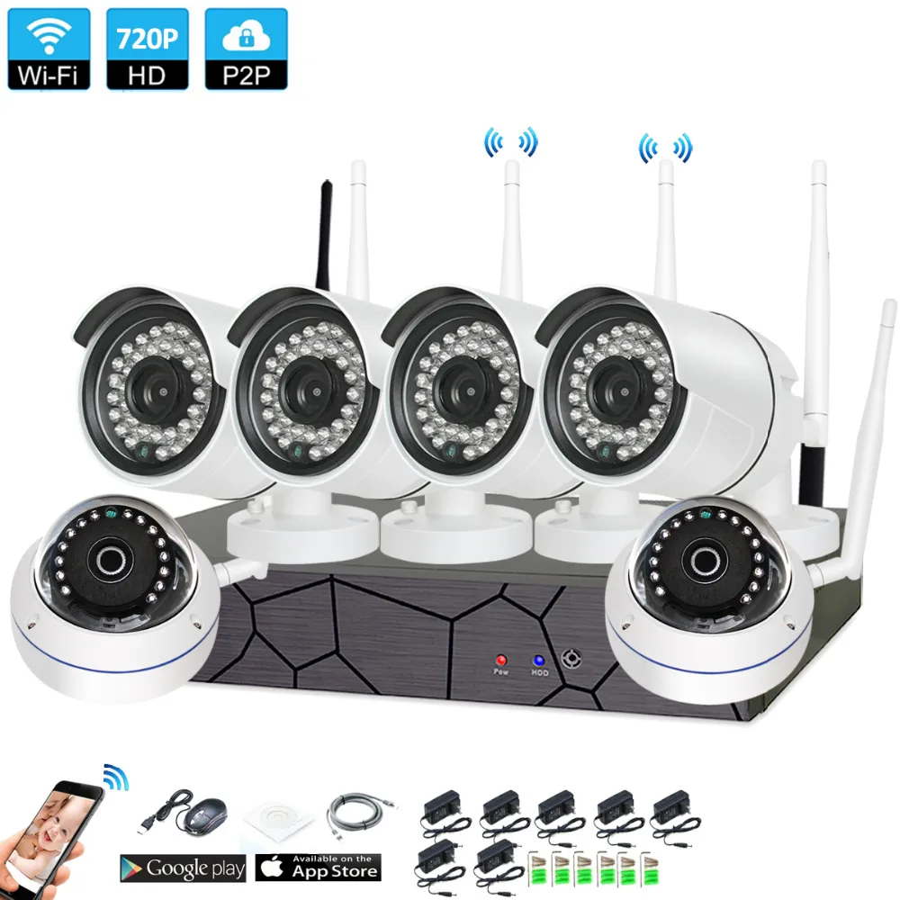 Plug and Play 6CH 1080P HD Wireless NVR Kit P2P 720P Indoor Outdoor IR Night Vision Security 1.0MP IP Camera WIFI CCTV System |