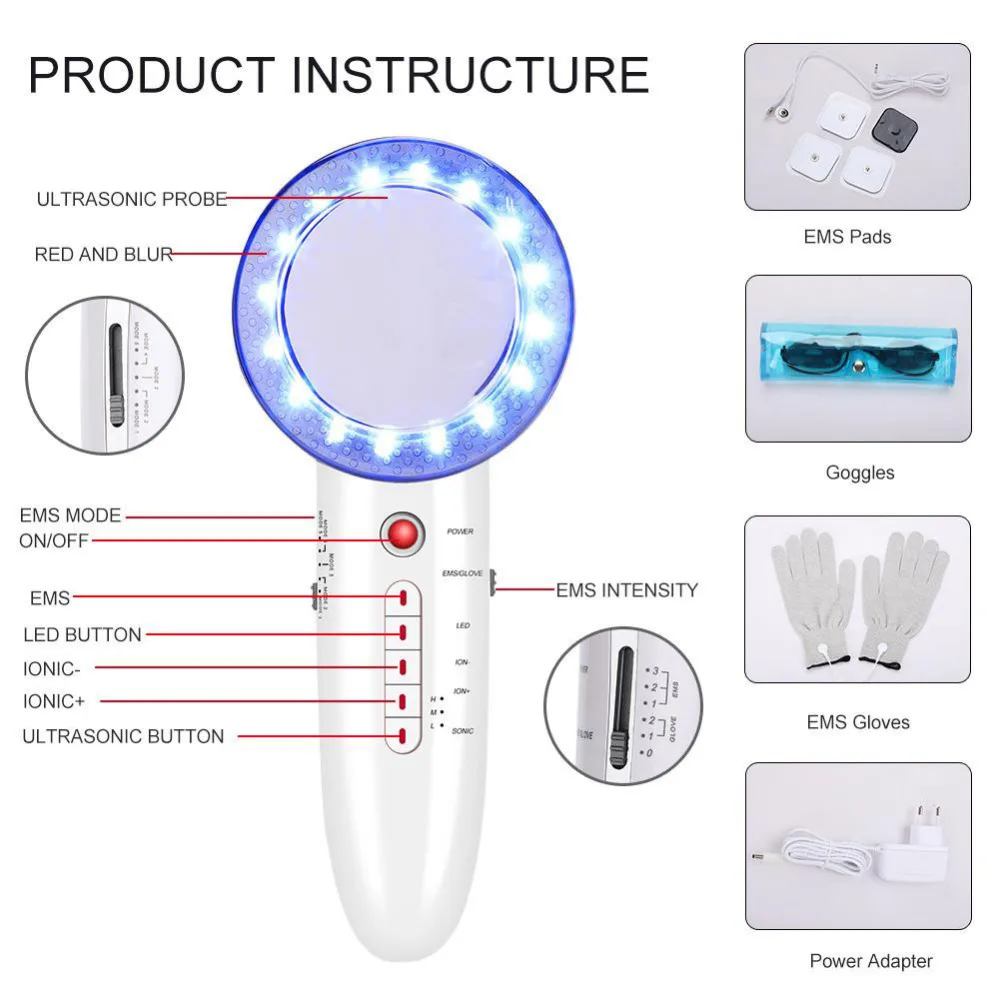 6 In 1 EMS Infrared Ultrasonic Therapy Body Slimming Massager LED Cavitation Galvanic Ultrasound Weight Lose Machine Fat Burn