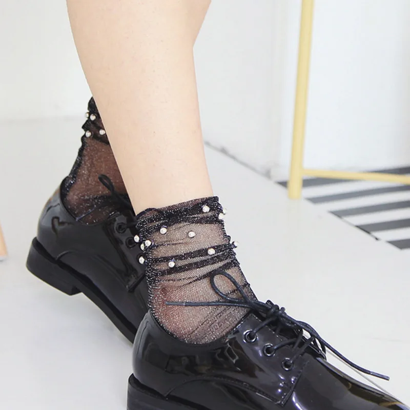 Новые женские блестящие сетчатые носки с серебряными бусинами модные мягкие