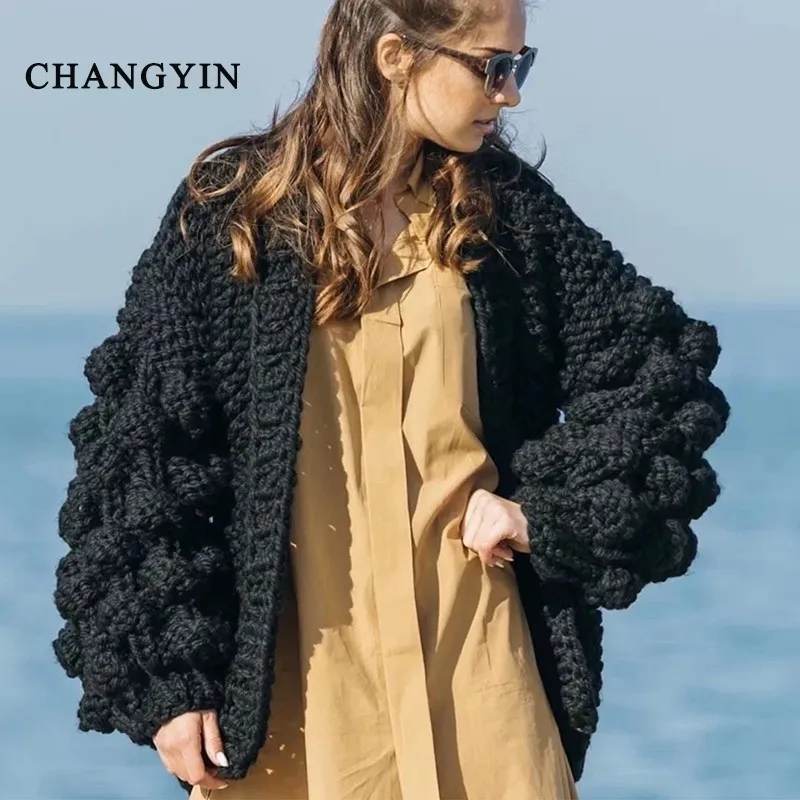 ChangYin Hollow Sweater Cardigan For Women Autumn Long Sleeve Knitted Loose Big Size Female Jumpers Open Stitch Casual Chunky |
