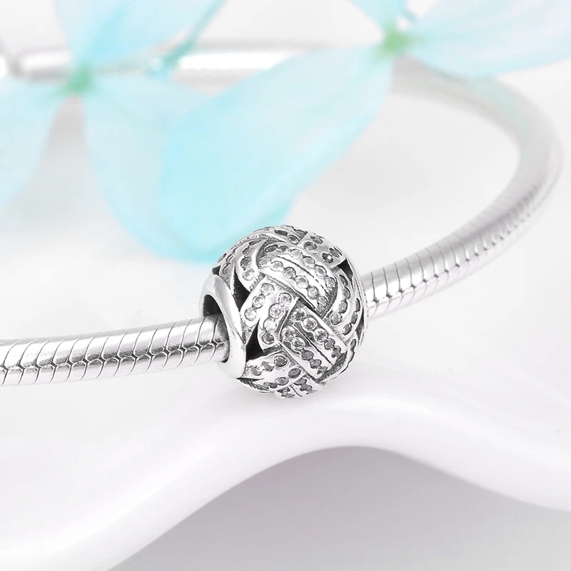 Очаровательные бусины Love Knot, прозрачный циркон, серебро 925 пробы, плетение, блестящий, тонкая бусина, подходят к оригиналу Pandora Браслеты сделай сам