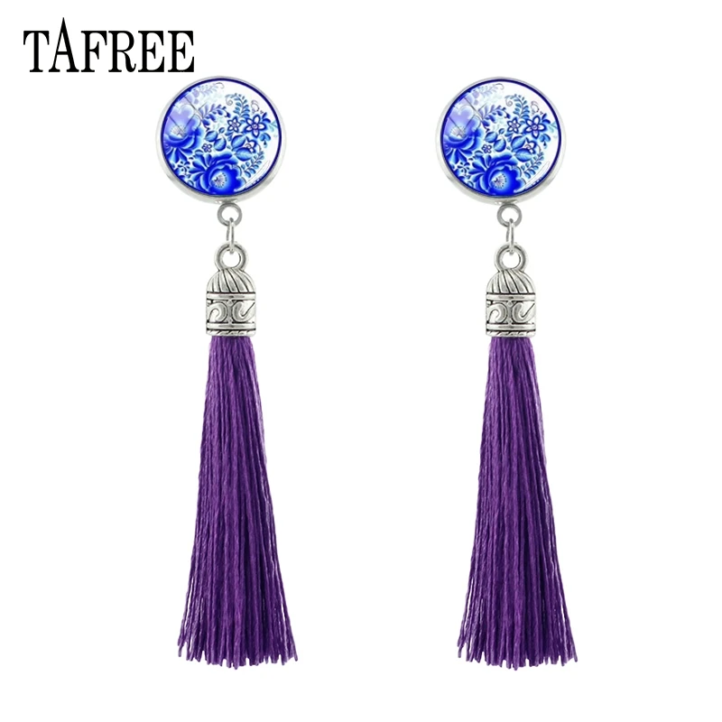 Модные серьги гвоздики TAFREE с изображением цветов длинные кисточки круглые
