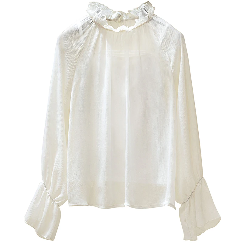 Для женщин s Топы и блузки с воротником в форме листьев лотоса шифоновая рубашка