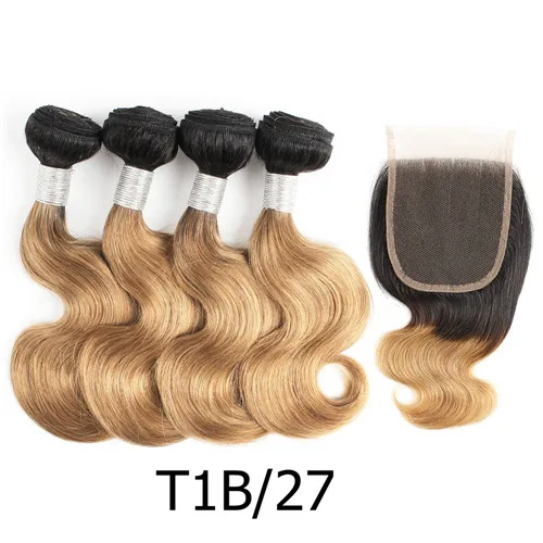 T1B/27 MOGUL волосы 50 г/шт. 4 пучка с закрытием T 1B 27 бразильские волнистые волосы Омбре мед блонд пучок s с закрытием не Реми человеческие волосы - Цвет: T1B/27