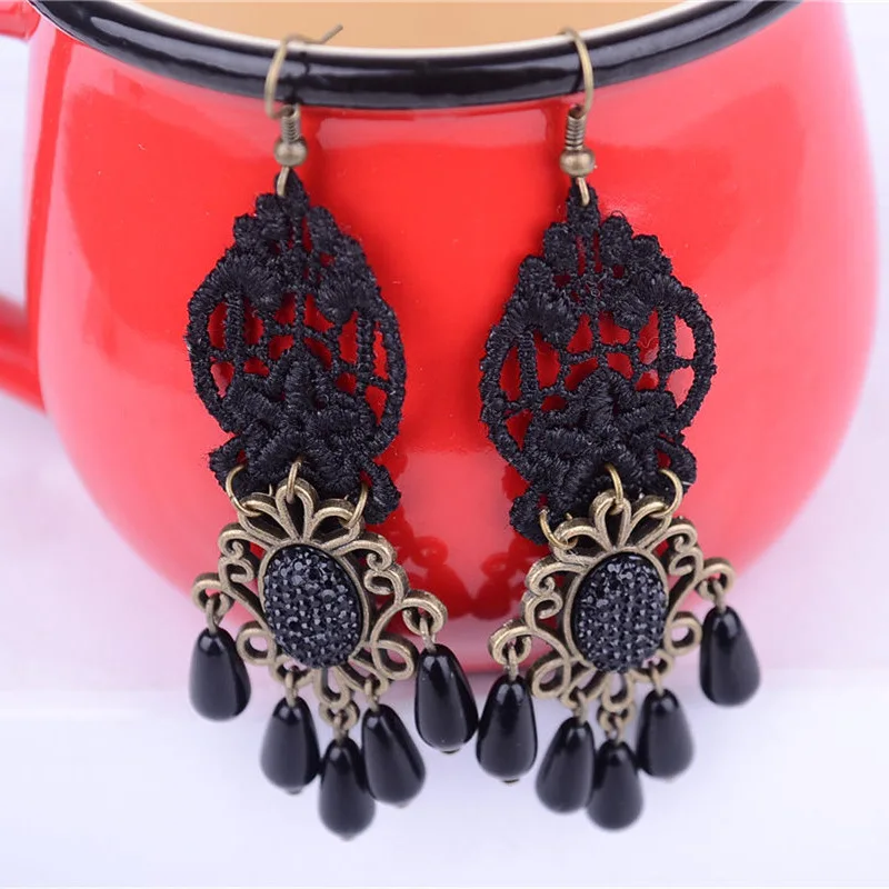 Винтажные черные кружевные висячие серьги женские длинные с жемчугом и