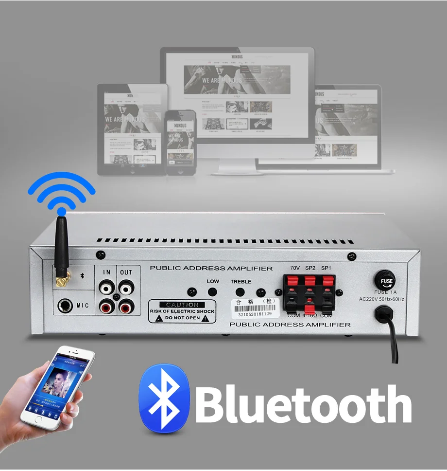 Oupushi 120 Вт 2 раздела управления Поддержка для воспроизведения USB MIC вход FM Bluetooth маленький усилитель