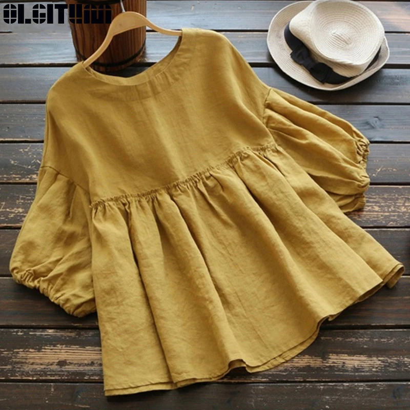 Женская винтажная Блузка с оборками плиссированная блузка из хлопка и льна