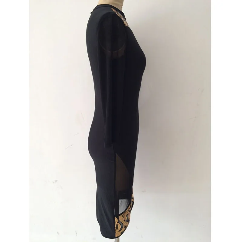 2017 зимнее облегающее платье с длинным рукавом женское круглым вырезом расшитое