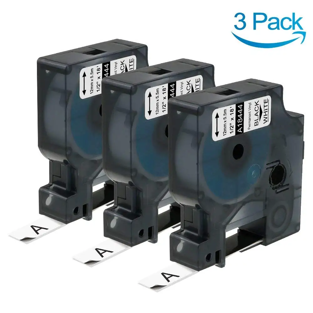 Этикетки виниловые, совместимые с Dymo 18444 Rhino, 12 мм х 5,5 м, черные, напечатанные на белом, для Dymo Rhino 5200, 4200, 5000, 6000, 1000