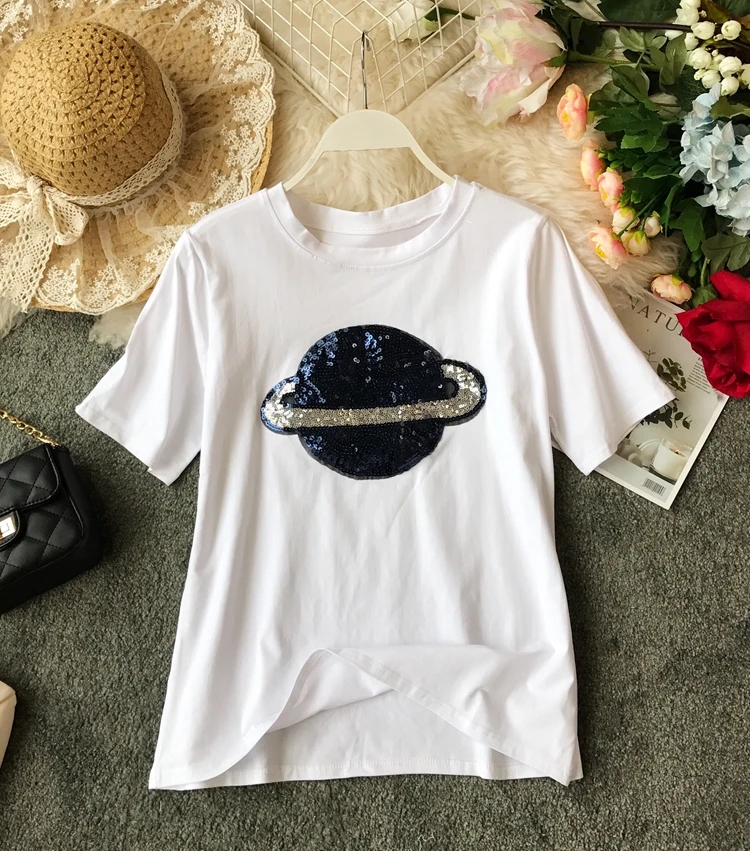 Женская футболка с блестками ALPHALMODA черно-белая хлопковая коротким рукавом