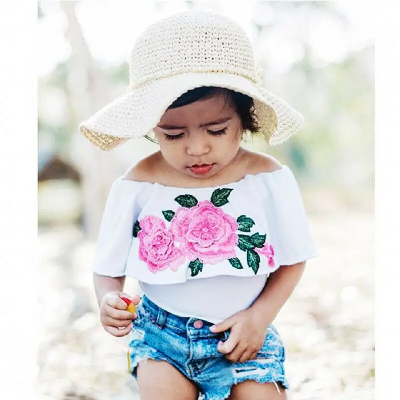 Детский топ с цветочным принтом для маленьких девочек короткие рваные джинсы