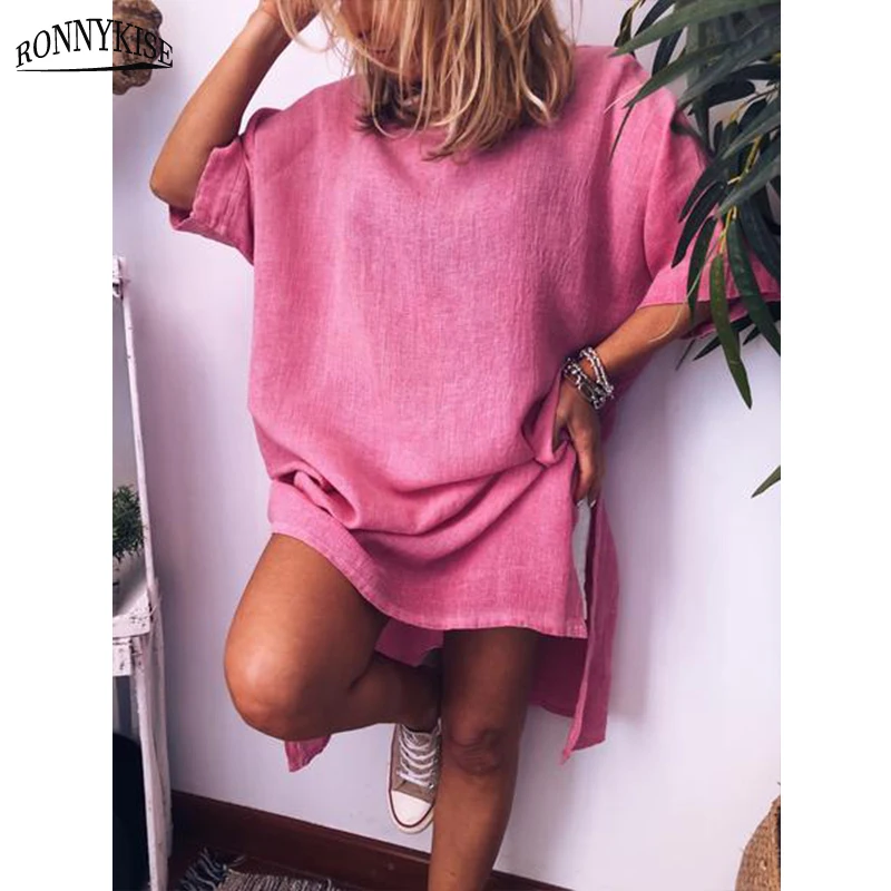 RONNYKISE/Платья с коротким рукавом для женщин модное однотонное хлопковое льняное