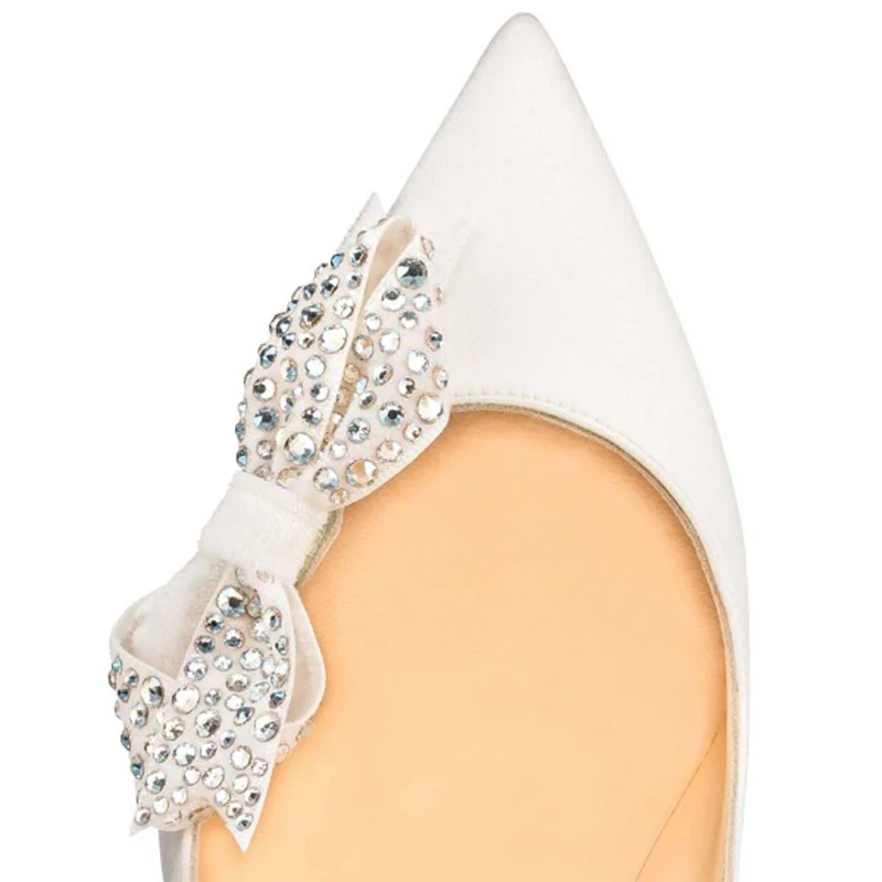 

FSJ Sexy Womens Autumn Ladies Leather White Bridal Heels Rhinestone Shoes Bow Stiletto Heel Pumps Dress Party Evening Shoes 40