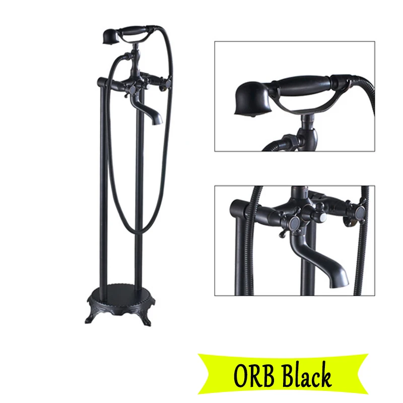 ORB Black Античный латунный напольный смеситель для ванной душа с двойной ручкой стоячий кран для ванной комнаты латунный поворотный носик 150 см душевой шланг - Color: ORB Black