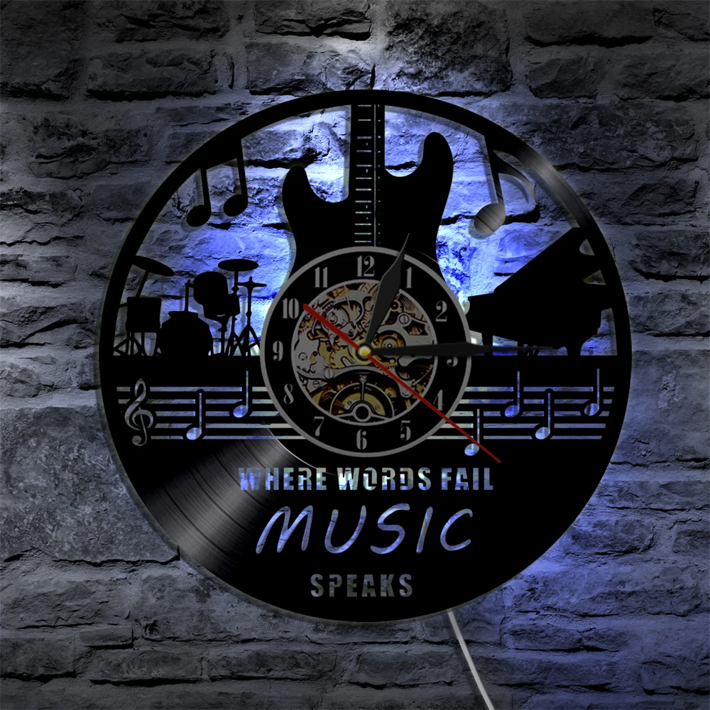 Where Words Fail Music Speaks Quote Wall Art Vinyl Record Clock Guitar Decorative Rock n Roll Gift | Дом и сад