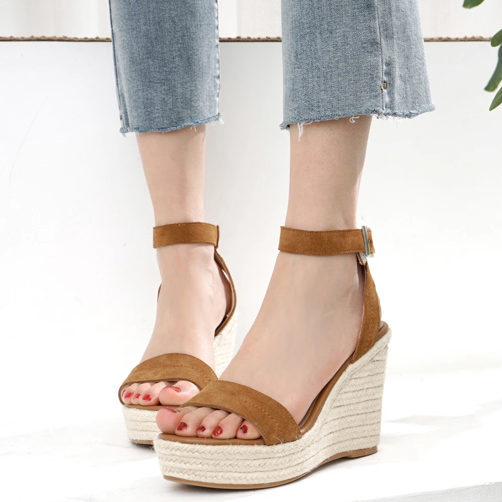 

ANNYMOLI Women Shoes Summer Sandals Cow Suede Platform Wedge Heels Ankle Strap Shoes Buckle Super High Heel Sandals Female 39