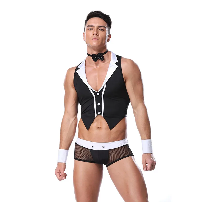 

Mens Waiter Lingerie Set Gay Underwear with Bow Tie Men Sexy Butler Costumes Erotic Vest Top and Hollow Out Jockstrap Briefs