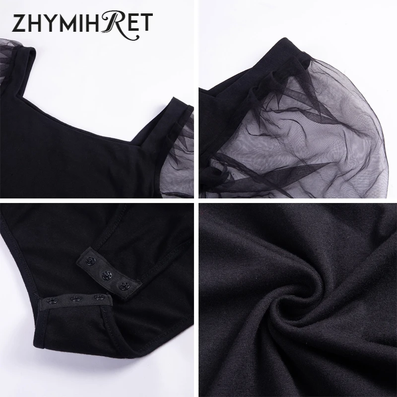 ZHYMIHRET сексуальный сетчатый боди с пышными рукавами женский черный квадратный