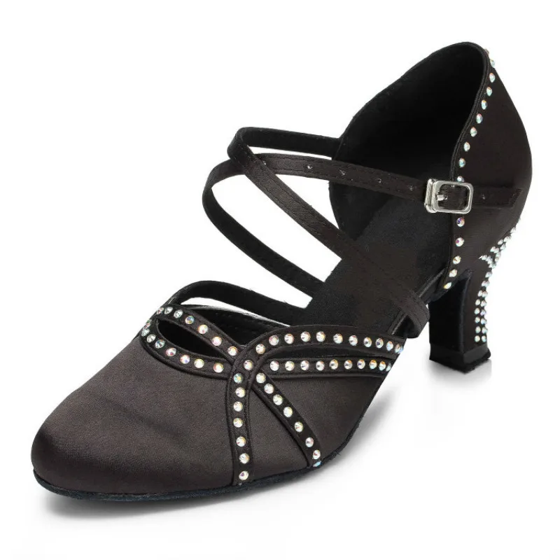 Новинка Стильные женские атласные стразы Цвет синий черный Обувь для латинских