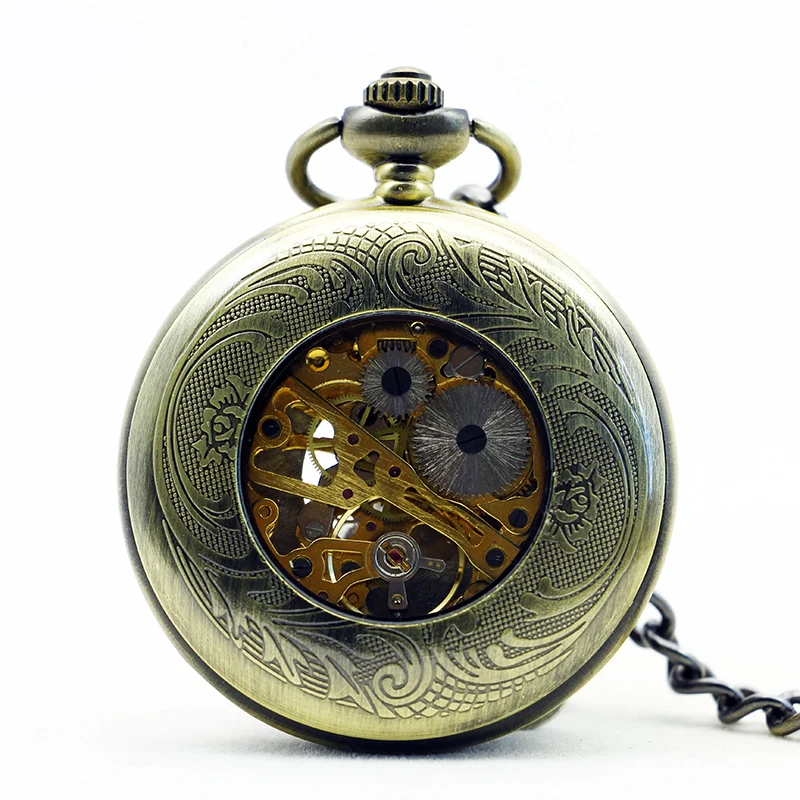 Antique Sunflower Skull Mechanical Pocket Watch Vintage Steampunk Manual Chain Necklace Pendant Accessory Clock Gift