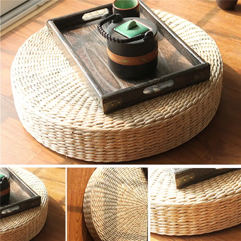 Hot 40cm*40cm Natural Straw Round Pouf Tatami Cushion Weave Handmade Pillow Floor Japanese Style Cushion with Silk Wadding