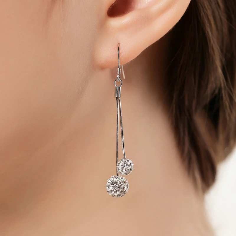 Earrings Fashion Jewelry Long Silver plated Drop Shambhala Double Full crystal Ball For Women | Украшения и аксессуары