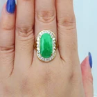 Женское кольцо для помолвки, 14 к, однотонное желтое золото, натуральный зеленый нефрит и белый моисанит