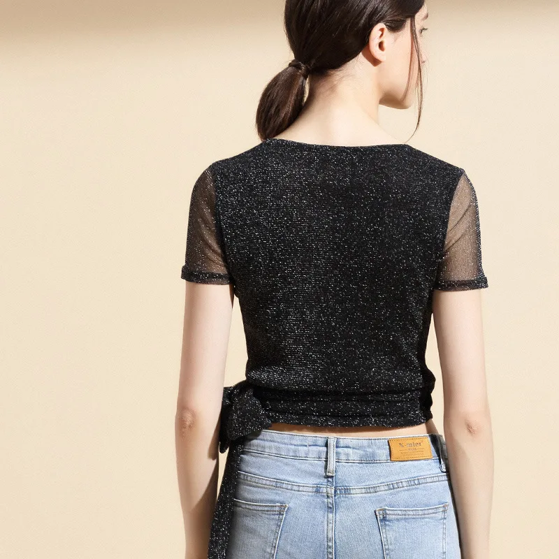 2019 летняя футболка женская сетчатая нижняя рубашка сексуальный v-образный вырез