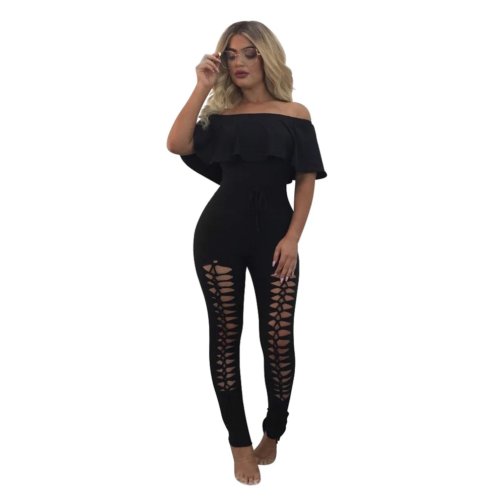 

One Piece Burning Flower Strapless Skinny Jumpsuit Combishort Femme Elegante Sexy Women Cut Out Ruffles Short Sleeve Long Romper