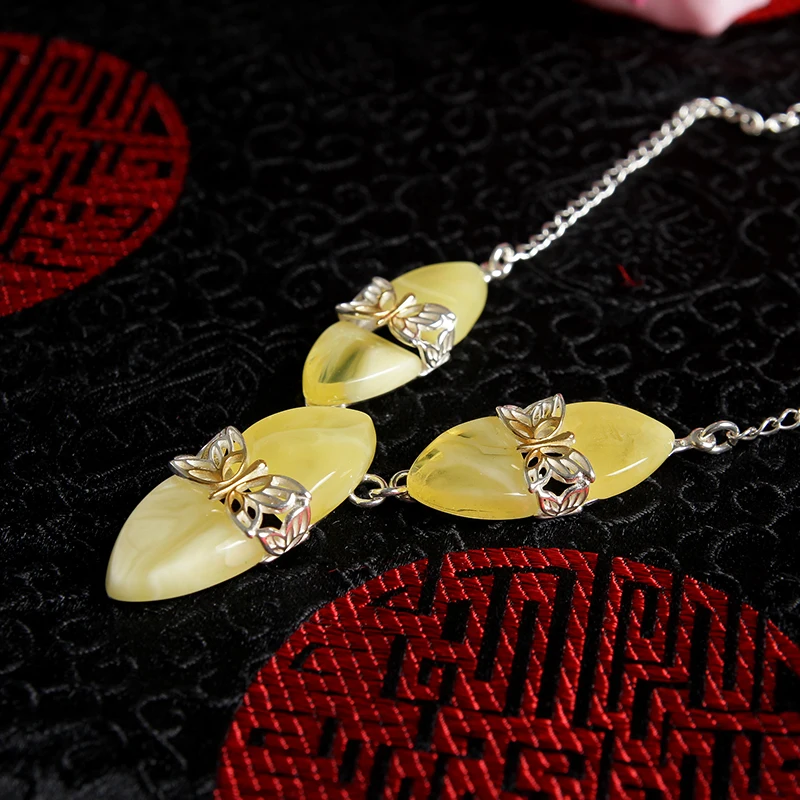 925 стерлингового серебра инкрустированные натуральный янтарь золотой цветок