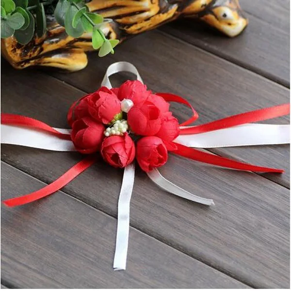 5 цветов цветок на запястье Роза шелковая лента невесты корсаж ручной