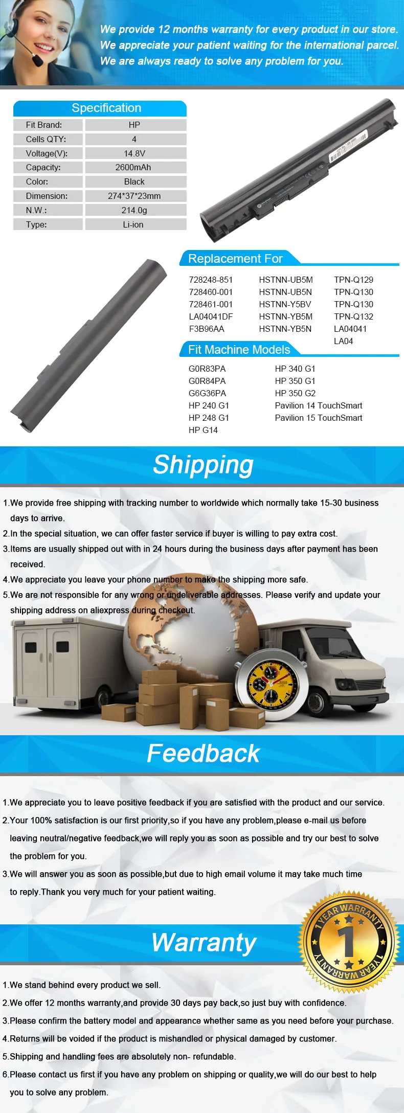 4 cell Аккумулятор для ноутбука HP G14 340 G1 350 G1 350 G2 G0R84PA G6G36PA 728461-001 F3B96AA HSTNN-YB5M TPN-Q130 LA04041 LA04