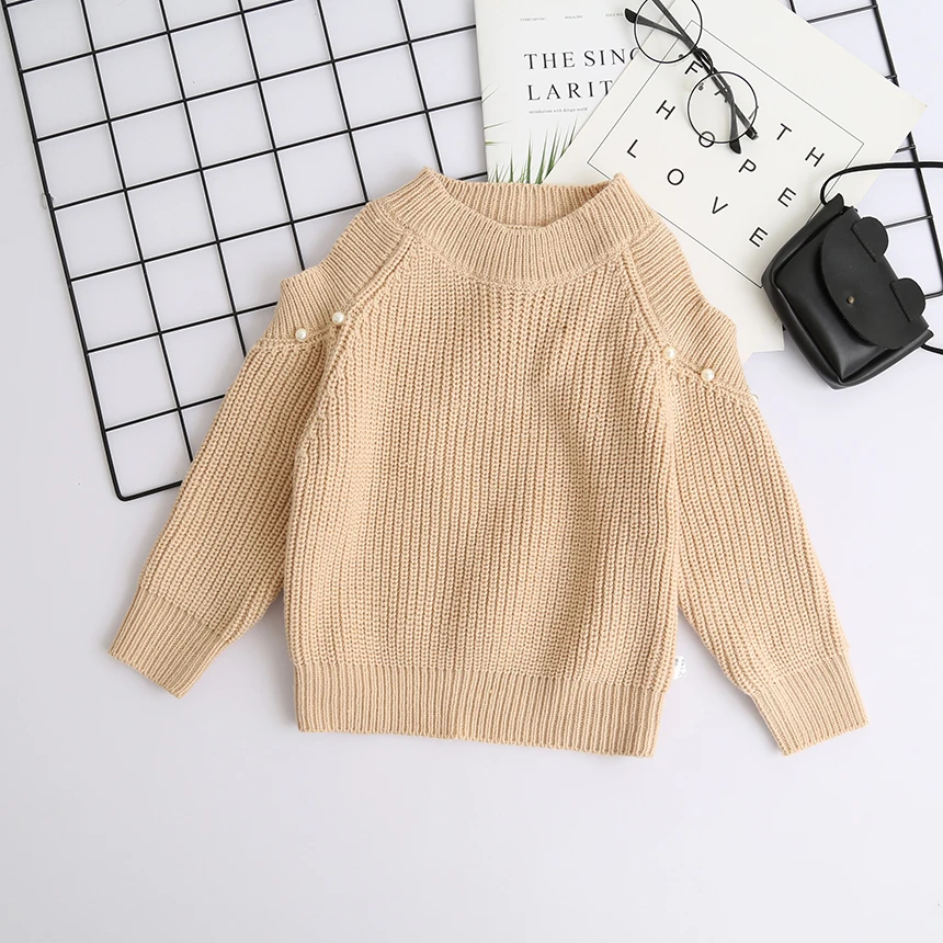 Для девочек Зимний вязаный свитер для маленьких с открытыми плечами пуловер
