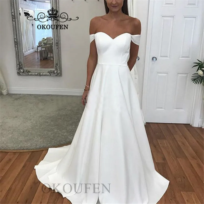 Недорогое свадебное платье до 100 с открытыми плечами для женщин 2019 Белое Атласное