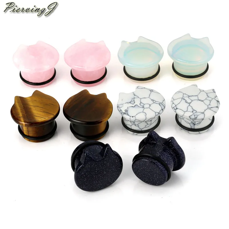 16mm Mixed Stone Set Пирсинг J, 5 пар сережек, органический натуральный камень, милые кошачьи ушки, растягивающие пробки, одиночные, расклешенные, телесные, тоннели для ушей, Калибр 2 г до 5/8 дюйма - Окраска металла: 16mm Mixed Stone Set