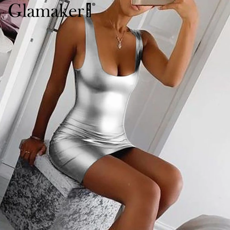 Женское облегающее платье Glamaker серебристое мини на бретельках без рукавов