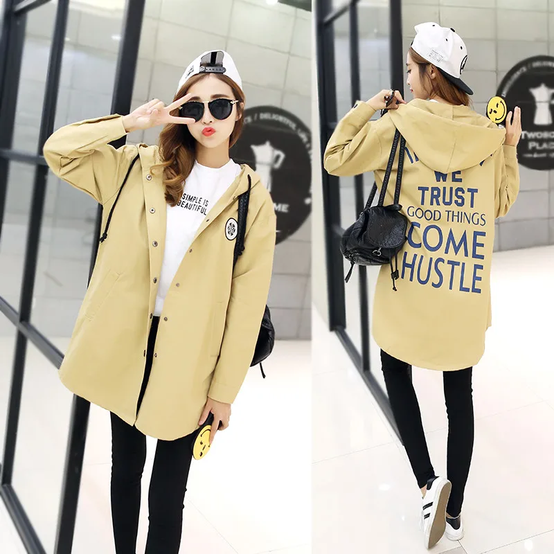 2018 autumn winter women trench coats large size fashion wild long casual loose coat printing letters Hooded Trench Women Coats | Женская