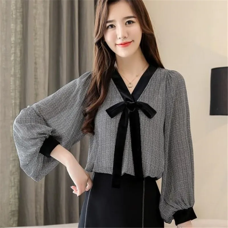 

2019 Women Summer Chiffon Blouses Shirts Lady Girls Casual Long Sleeve Bow Tie Decor V-Neck Blusas Plus Size S-2XL HC104