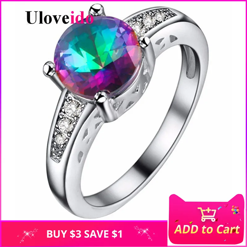 Uloveido 5% Off Круглые Кольца для Женщин Радуга Циркон Обручальное Кольцо с Камень