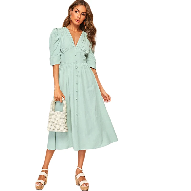 SHEIN Платье С Поясом В Винтажном Стиле, Стильное Однотонное Платье С V-Образным Вырезом