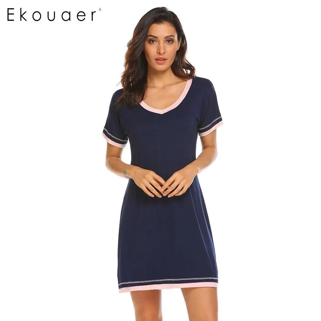Blue Ekouaer, женская ночная рубашка, сорочка, ночная рубашка с v-образным вырезом, ночная рубашка, короткий рукав, пэчворк, Свободная Женская одежда для сна, повседневная домашняя одежда - Цвет: Blue
